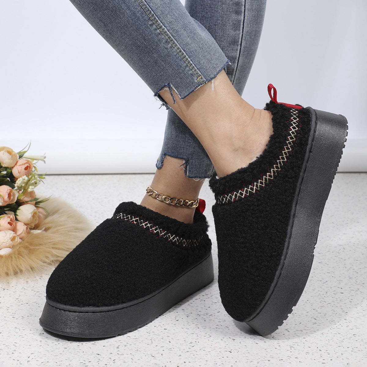 New Ethnic Style Sewing-edge Plush Slippers Winter Indoor Floor Thick-soled Slipper Fashion Outdoor Warm Garden Shoes