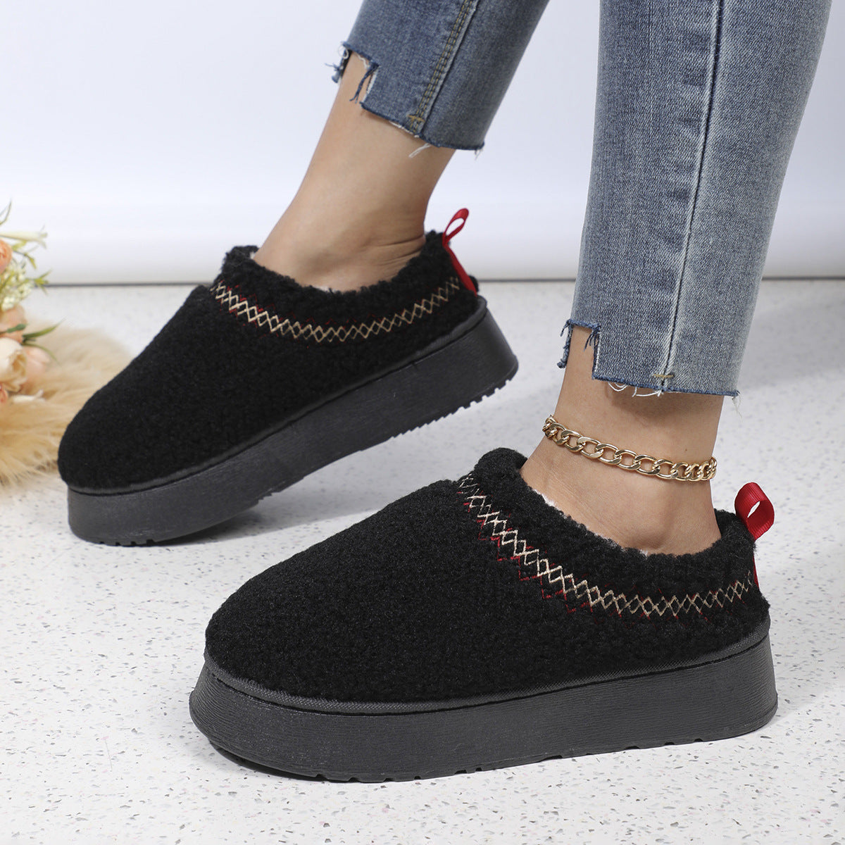 New Ethnic Style Sewing-edge Plush Slippers Winter Indoor Floor Thick-soled Slipper Fashion Outdoor Warm Garden Shoes